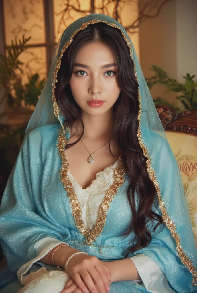 Mother of Jesus, With black hair and green eyes , Light brown skin, Wearing a light blue robe, And the sky blue veil,  brings a calm and peaceful expression (whole body) Near the window, Under the moonlight (Grand and realistic)