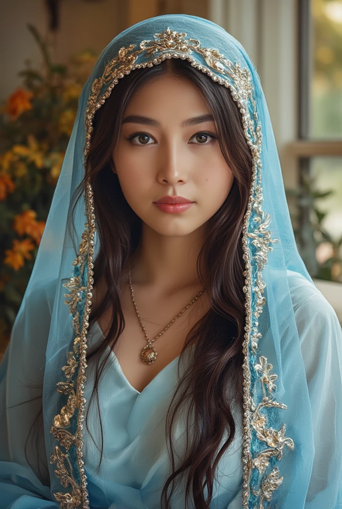 Mother of Jesus, With black hair and green eyes , Light brown skin, Wearing a light blue robe, And the sky blue veil,  brings a calm and peaceful expression (whole body) Near the window, Under the moonlight (Grand and realistic)