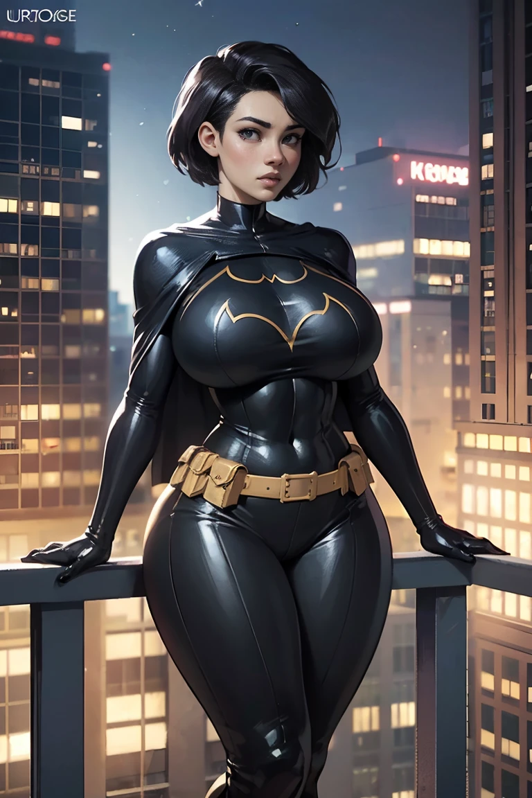 a beautiful woman with short black hair, wearing a black bodysuit, cape, belt with pouch, and black gloves, with a focus on her large breasts, ultra-detailed, (best quality,4k,8k,highres,masterpiece:1.2),ultra-detailed,(realistic,photorealistic,photo-realistic:1.37),portrait,concept art, night city,on rooftop