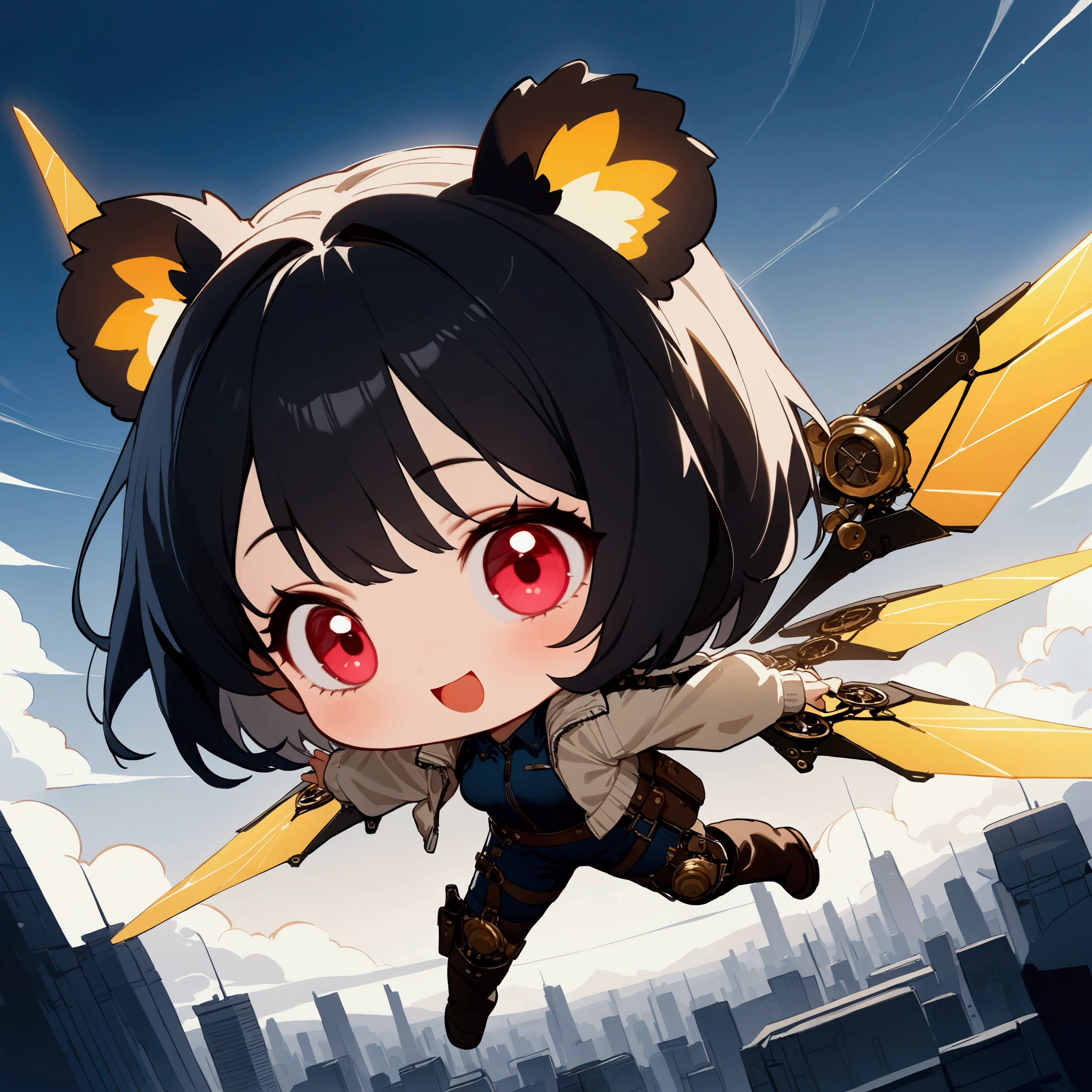 1girl\(big smile,cute,(chibi:1.4),big eyes,ruby eyes,(small Koala ears),hair\(short hair,black hair, inner colored blue\),(big wings\(clasical (steam-punk:1.2) mechanical wings\):1.2), (worn-out flight jacket:1.2), jumpsuit, leather short boots, holster at legs, dynamic pose,flying sky high\). dynamic angle,long shot. BREAK .background\(high altitude sky, futuristic aircrafts, futuristic towers,\). BREAK .quality\(8k,wallpaper of extremely detailed CG unit, high resolution, top-quality, top-quality real texture skin, hyper realistic, increase the resolution, RAW photos, best quality, highly detailed, the wallpaper, golden ratio, high saturation realism, vibrant colors, dramatic lighting, persuasive storytelling, atmospheric scenery, captivating visuals, intricate details, strong emotions, dreamlike world\)