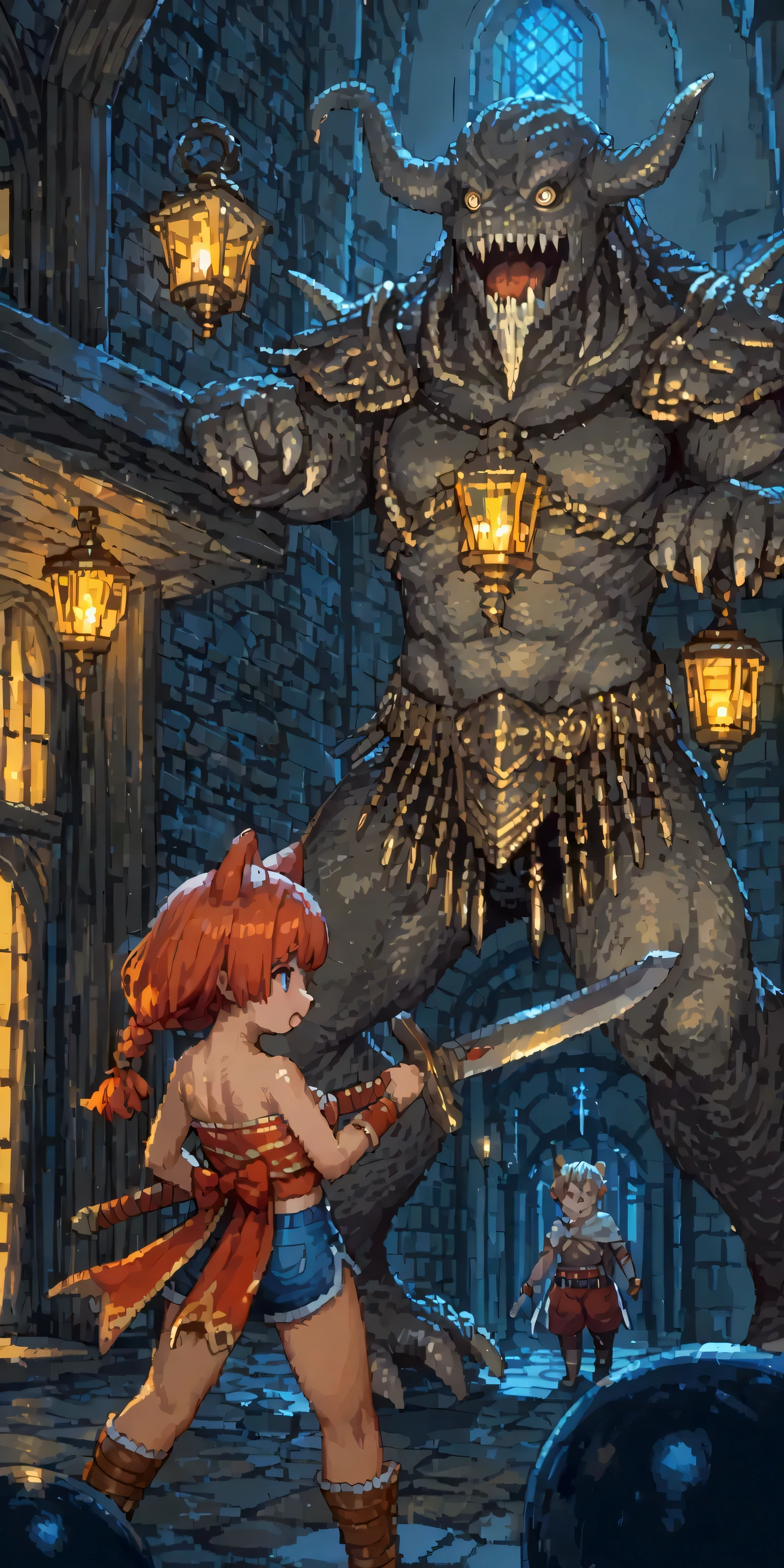 score_9, score_8_up, score_7_up, score_6_up, score_5_up, score_4_up, source_anime,source_furry,rating_safe,rating_questionable,masterpiece, best quality, perfect anatomy , very aesthetic , absurdres ,(1monster fighting against 1party:1.4), BREAK ,monster\((wizardry:1.4)\), BREAK ,1party\((from back:1.5),1boy\(swordsman, heavy armor, heavy sword\), 1girl\(priest, mace, vestments\), 1girl\(thief, tube top, shorts\),1man\(old, wizard\)\), background\(Inside the dungeon\(stone, dimly lit, torchlight\)\),(isometric view:1.2),(pixel:1.4),(pixel art),long shot,[nsfw:2.0],[nsfw:2.0],[nsfw:2.0],[nsfw:2.0]