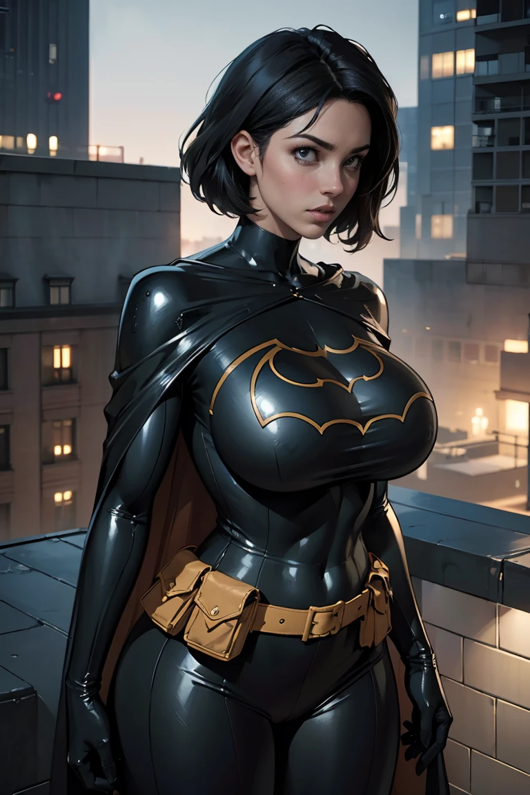 a beautiful woman with short black hair, wearing a black bodysuit, cape, belt with pouch, and black gloves, with a focus on her large breasts, ultra-detailed, (best quality,4k,8k,highres,masterpiece:1.2),ultra-detailed,(realistic,photorealistic,photo-realistic:1.37),portrait,concept art, night city,on rooftop