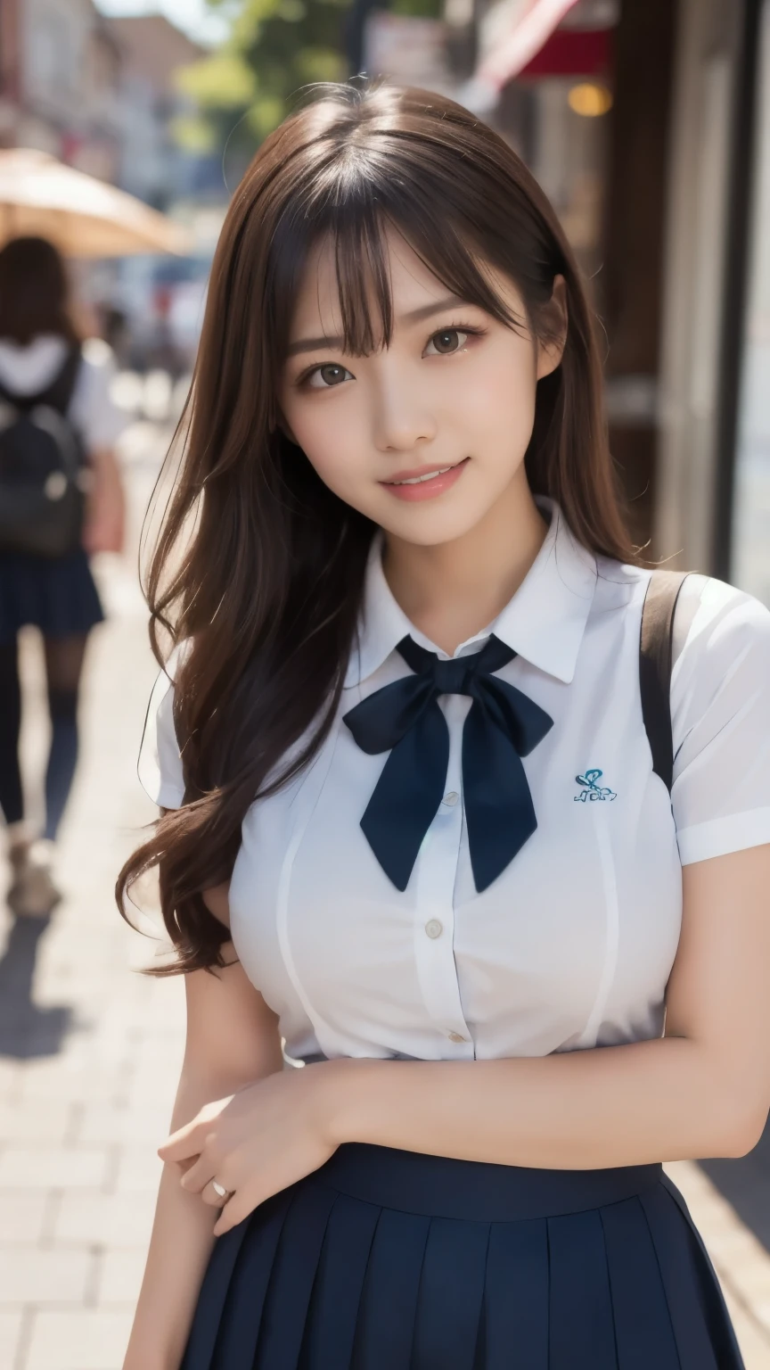 8k、Best Quality、Ultra Wide Angle Monofocal Lens 、(Representative Works:1.2)、( real)、( real:1.37)、One high school girl、Beautiful teeth alignment、smile、Well-formed fingers、 ponytail、Around town、( cute uniform)、Big Breasts、 perfect body by Pubis、Gravure photoshoot、Perfect Fingers、Beautiful Skin、Professional Lighting、Face and skin detail、Microparticles、 RAW Photos