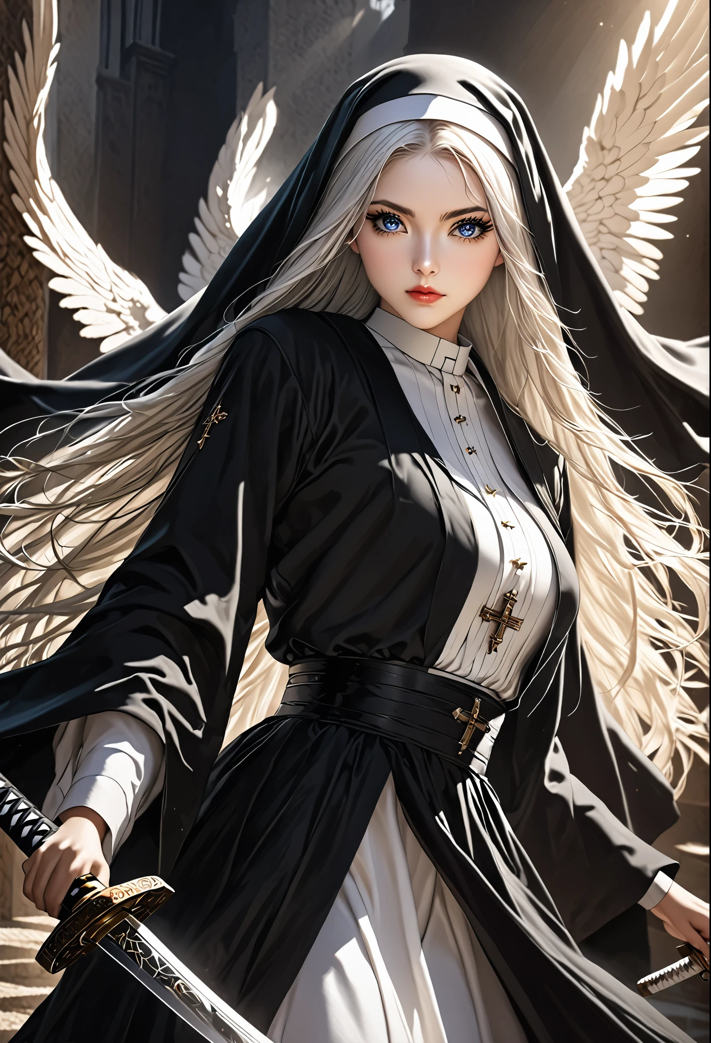 woman, Detailed eyes,race,Middle chest ,black nun costume,Works created with highly detailed, gorgeous photographs of nuns , has a Japanese sword,Renaissance, Long white hair, Complex white eyes, wonderful, Mysterious, Dynamic Lighting, Covered navel, Super detailed, exquisitely crafted , volumetric lighting, Angel's Eye, Super detailed,Fern
