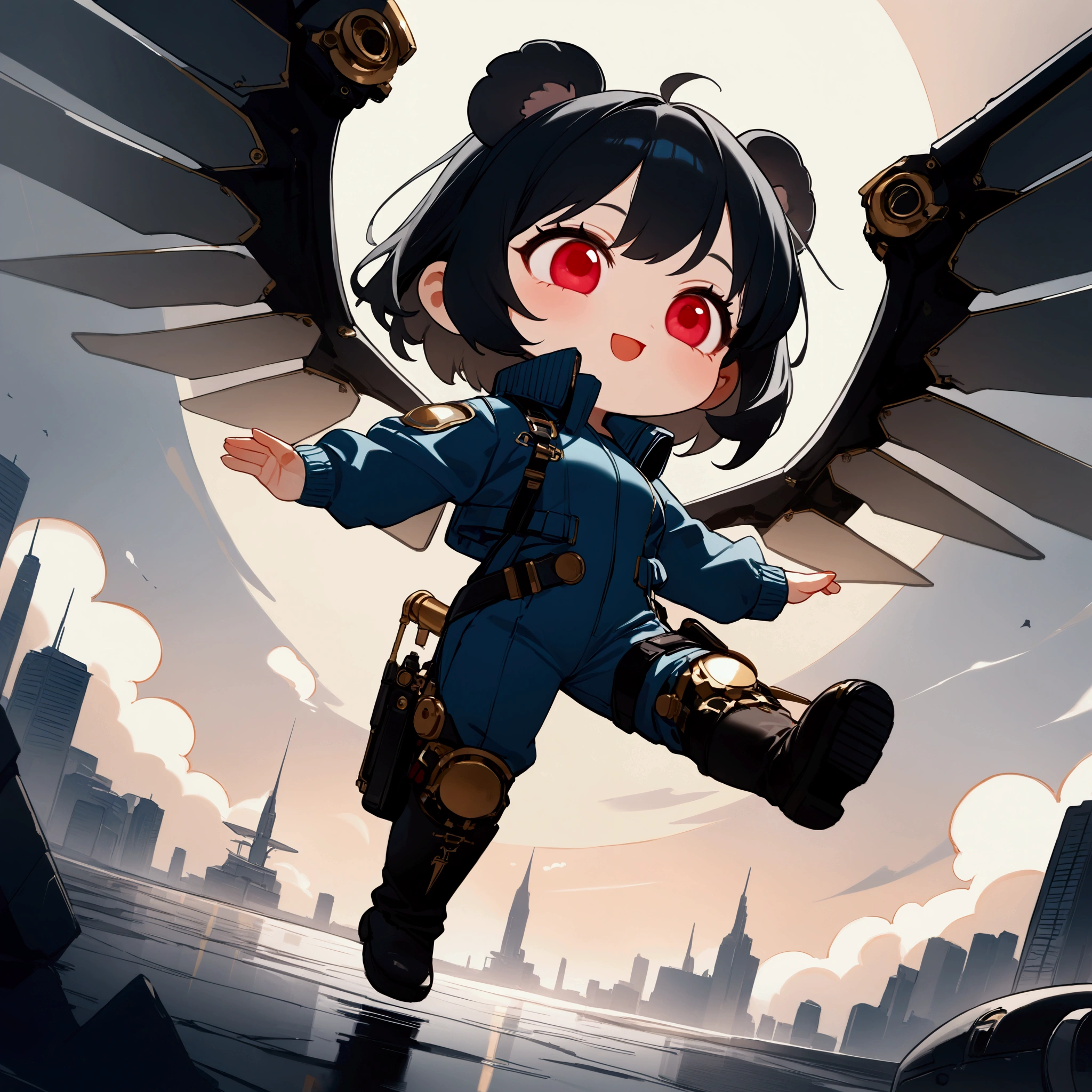 1girl\(big smile,cute,(chibi:1.4),big eyes,ruby eyes,(small Koala ears),hair\(short hair,black hair, inner colored blue\),(big wings\(clasical (steam-punk:1.2) mechanical wings\):1.2), (worn-out flight jacket:1.2), jumpsuit, leather short boots, holster at legs, dynamic pose,flying sky high\). dynamic angle,long shot. BREAK .background\(high altitude sky, futuristic aircrafts, futuristic towers,\). BREAK .quality\(8k,wallpaper of extremely detailed CG unit, high resolution, top-quality, top-quality real texture skin, hyper realistic, increase the resolution, RAW photos, best quality, highly detailed, the wallpaper, golden ratio, high saturation realism, vibrant colors, dramatic lighting, persuasive storytelling, atmospheric scenery, captivating visuals, intricate details, strong emotions, dreamlike world\),koala ears