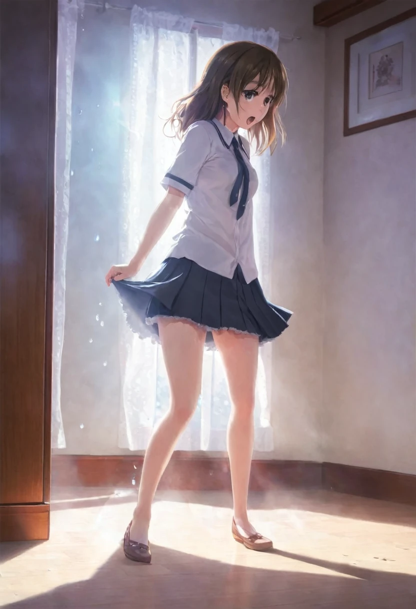  frightened girl in the corner of the room。
Tears anime style 
, 子供綿 I can see my underwear  , Low Angle,  angle from directly below,  crotch leaking pee ,  look under the skirt , I can see my underwear  , Feeling Face,、  I can see a translucent chemise 