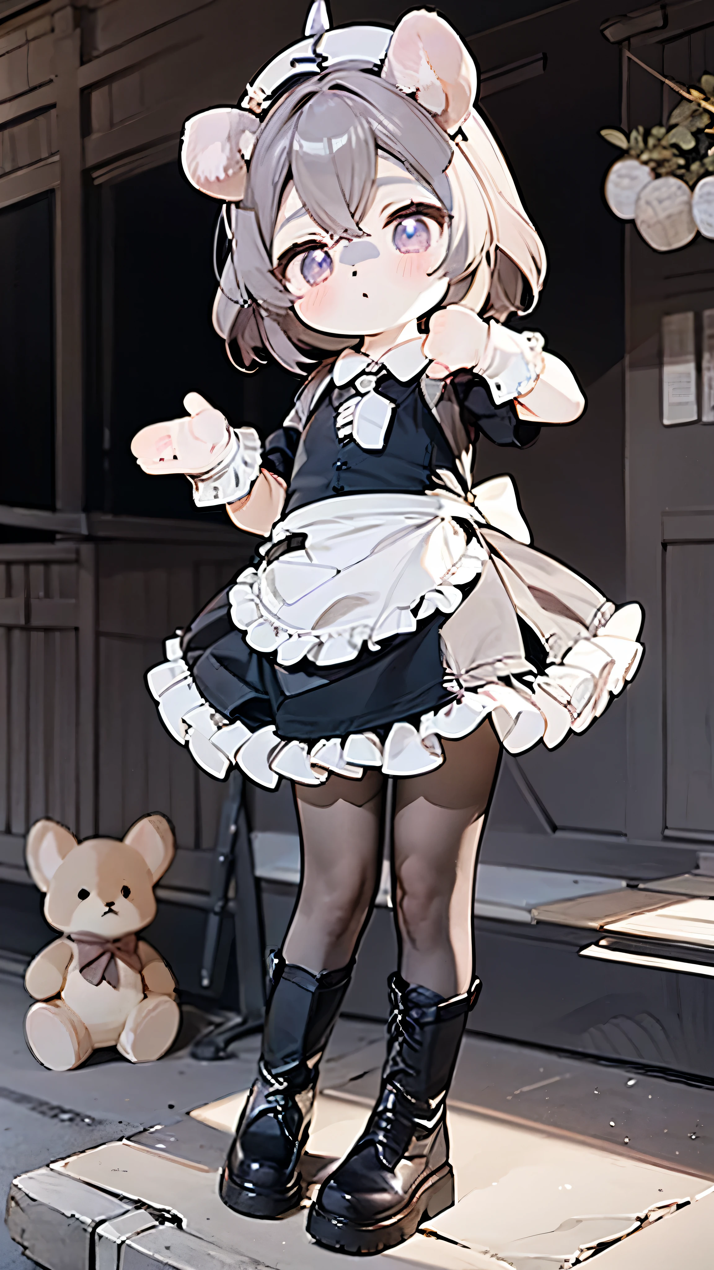 line-up，，Koukornidome doll， black leather boots ，  white pantyhose ,Maid costume