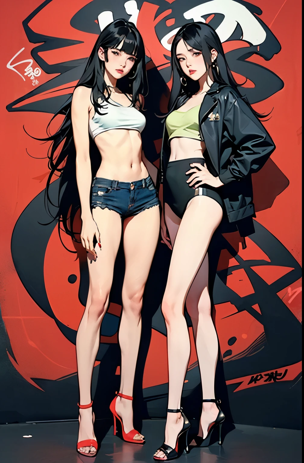 ((masterpiece,  high quality, 最 high quality, 8k,  wallpaper,   Details, Realistic)), 2girls, Korean Pop Star, Thigh length,  High Heels , Long legs, skinny,  Black Hair , Beautiful Hands, fringe, full body, ( multiple girls :1.4), Simple red background,  palm trees,  (Graffiti wall:1.2), Muscular,  