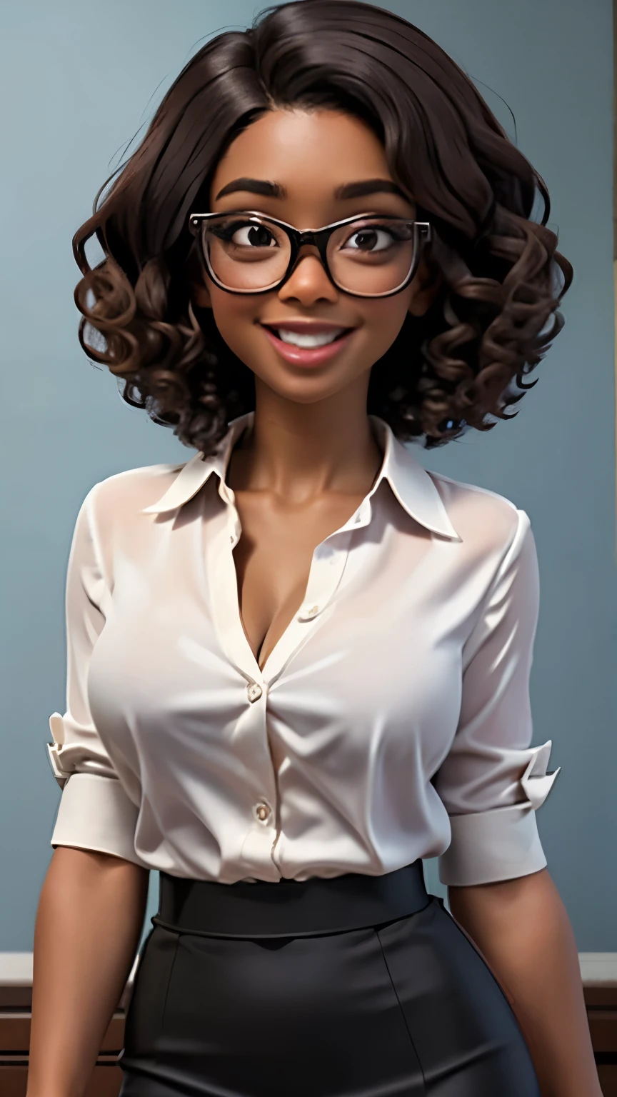 Solo, female, woman, dark skin, big glossy lips, dark brown hair, short hair, big glasses, white button down blouse, knee length black pencil skirt, cleavage, surprised, open mouth smile