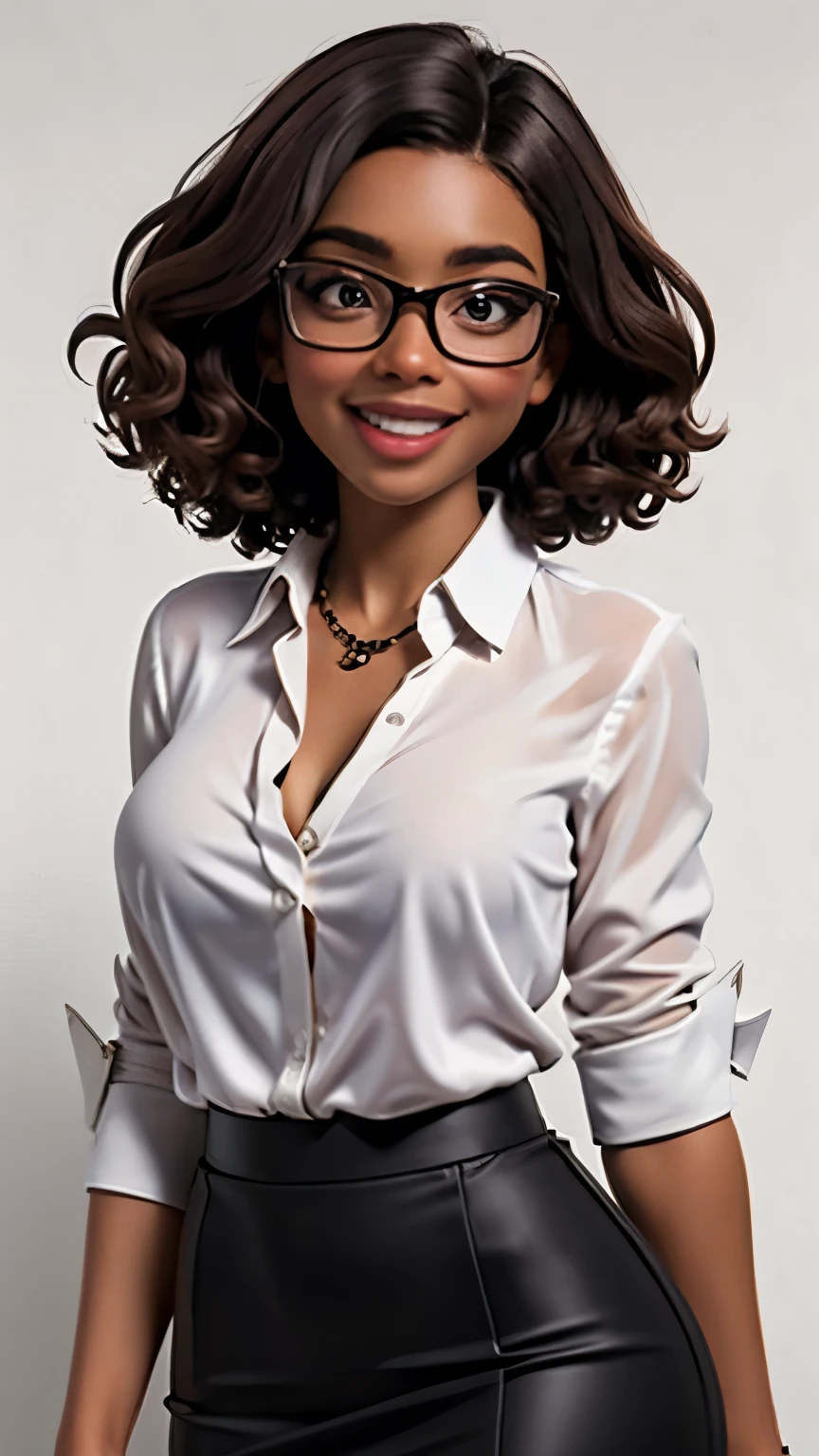 Solo, female, woman, dark skin, big glossy lips, dark brown hair, short hair, big glasses, white button down blouse, knee length black pencil skirt, cleavage, surprised, open mouth smile