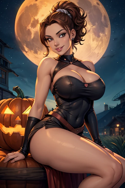 Jo-Beth, beautiful girl sitting on a giant helloween pumpkin, wearing short revealing  dress, anime art style,, beautiful detail eyes, beautiful detail lips, beautiful detail nose, brown hair, round breasts, slim waist, wide hips, thighs,, outdoors, night time, full moon, looking at the viewer, seductive smile 