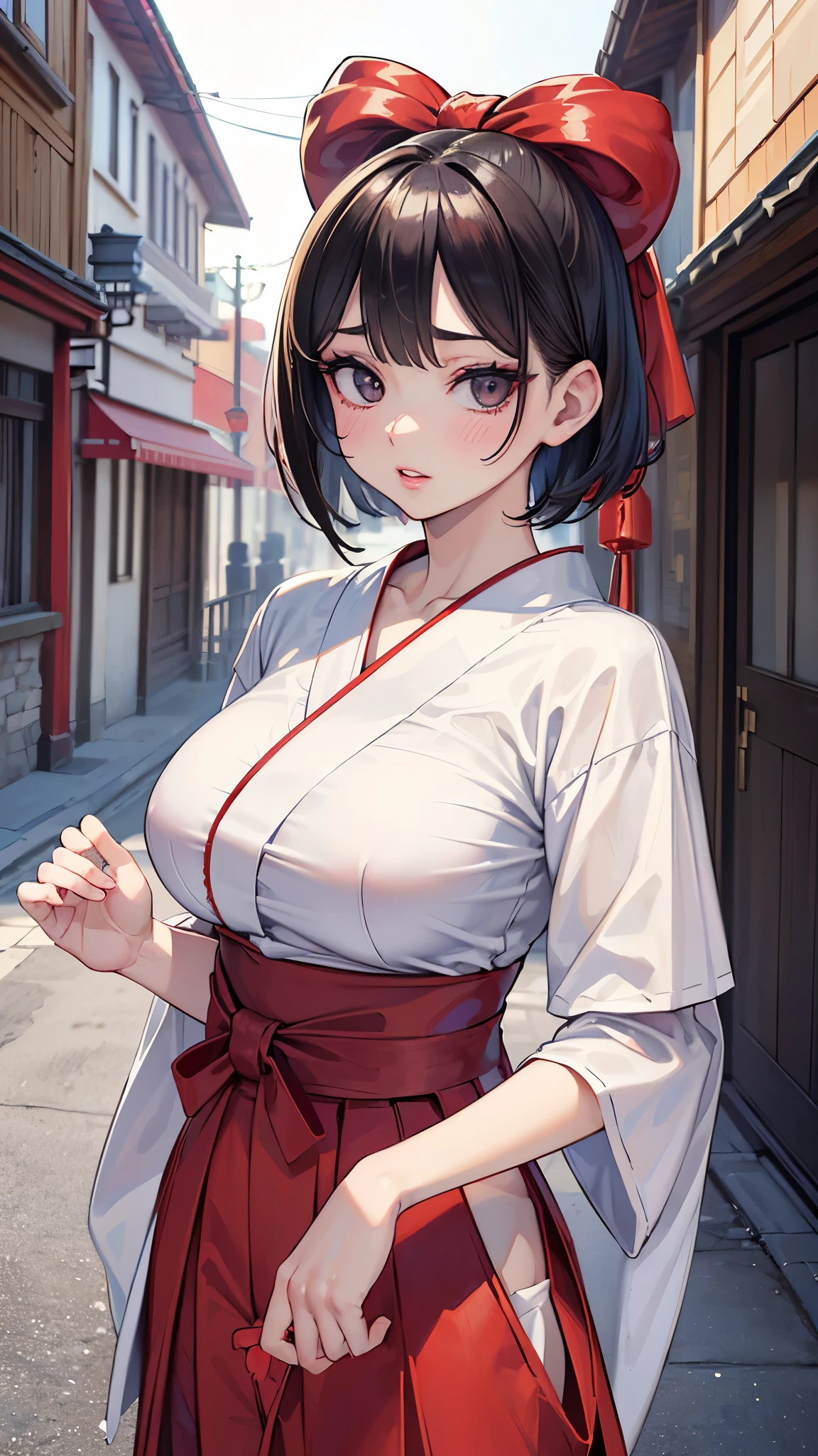 ((((High resolution, Intricate details, masterpiece, 8k, from front)))), (((beautiful, kimono))), ((One Woman, Expressionless, Red cheeks, slender)), (Black Hair, Beautiful forehead, Long Hair, ponytail, Cleavage, belly button, Glowing Skin, Sweat), from front, looking at viewer, look at viewer, noon, outside, sunlight, bright