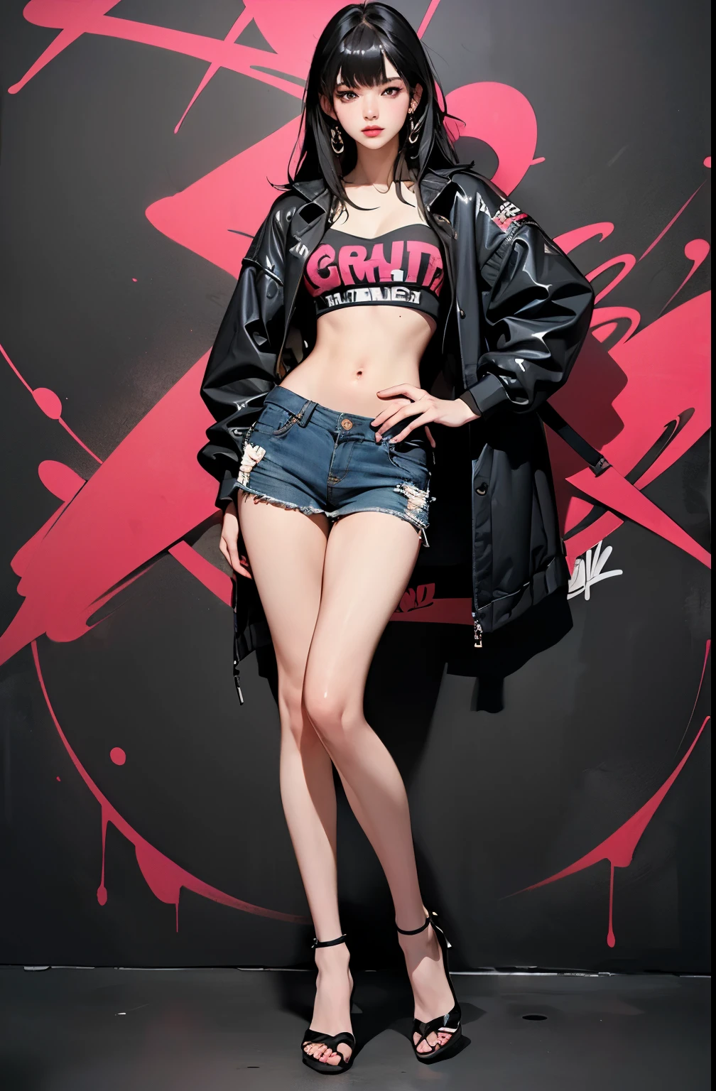 ((masterpiece,  high quality, 最 high quality, 8k,  wallpaper,   Details, Realistic)), 2girls, Korean Pop Star, Thigh length,  High Heels , Long legs, skinny,  Black Hair , Beautiful Hands, fringe, full body, ( multiple girls :1.4), Simple red background,  palm trees,  (Graffiti wall:1.2), Muscular,  