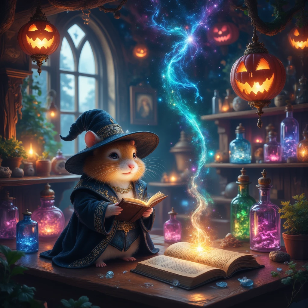 (A cute hamster dressed as an elegant magician in a midnight black robe lined with tiny, swirling runes of silver ink, and a hat that seems to brim with starlight) It stands enthralled by the alchemy lab's lively charisma, an eclectic assemblage of paraphernalia from myriad epochs of spellcraft. Bottles of every conceivable shape and color vie for attention, their contents glowing with supernatural vibrancy, creating a spectrum of luminescence that dances across the dark wooden walls. Halloween spirit abounds as ethereal strands of light weave around hanging charms and lanterns shaped like grinning jack-o'-lanterns, each with a flicker of spectral fire inside. The atmosphere is intoxicatingly magical, filled with the whimsical melody of distant, invisible choirs and the harmonious tones of mystical chimes twinkling like the stars. Our diminutive mage is absorbed in a tome bound with dragonhide, ancient words humming with energy beneath the hamster’s curious gaze. The atelier is a place where alchemy and enchantment converge, where the air sparkles with possibility, and the very corners seem to thrum with unspoken spells. In this resplendent locale, the boundaries of imagination and reality blur, washed in a hypnotic cascade of color and light—a playground for the fantastical and the delightful.