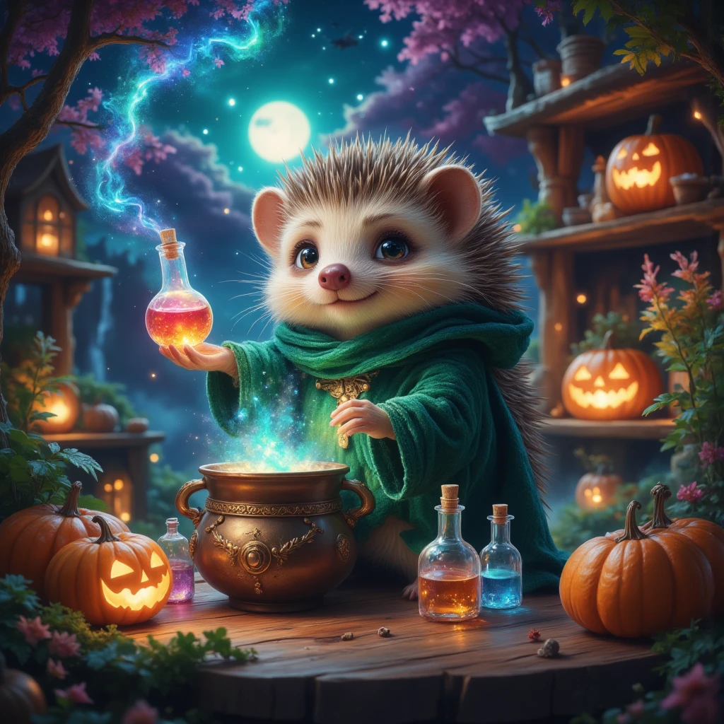 In a corner of the world where enchantment dwells and time kneels to the whisper of ancient incantations, rests the atelier of a visionary hedgehog—(small but mighty, with quills that glimmer like moonlight)—engaged fervently in the art of alchemy. For here, cloaked in a velvet robe of emerald green, it mimics the great mages of old in their practices. Shadows flicker playfully amidst the workshop’s sanctuary—brought to life by the spectral glow of jack-o'-lanterns that chuckle silently from their carved countenances. There lies a symphony of crystalline potion bottles, each pregnant with colors that speak of stars and dreams: iridescent teal, buttercup yellow, flame-hued scarlet. The hedgehog delights in the orchestrated dance of hues and fires beneath the cauldron, swirling in rhythm with imagined spells. Smiles weave into the essence of night while feather-light notes of a bardic canticle float through autumn's veil. Incantations unravel the joyful mysteries of Halloween in liquid form, crafting an ephemeral feast for the senses, ensuring that all who tread here are ensnared by the whimsical dance of delight and the promise of endless enchantment.