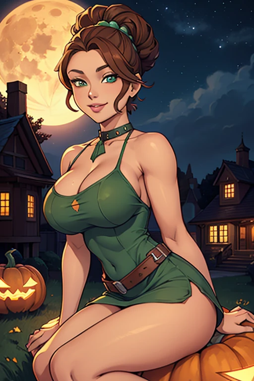 Jo-Beth, young girl, beautiful girl sitting on a giant helloween pumpkin, wearing short revealing  dress, anime art style,, beautiful detail eyes, beautiful detail lips, beautiful detail nose, brown hair, green eyes, round breasts, slim waist, wide hips, thighs,, outdoors, night time, full moon, looking at the viewer, seductive smile 