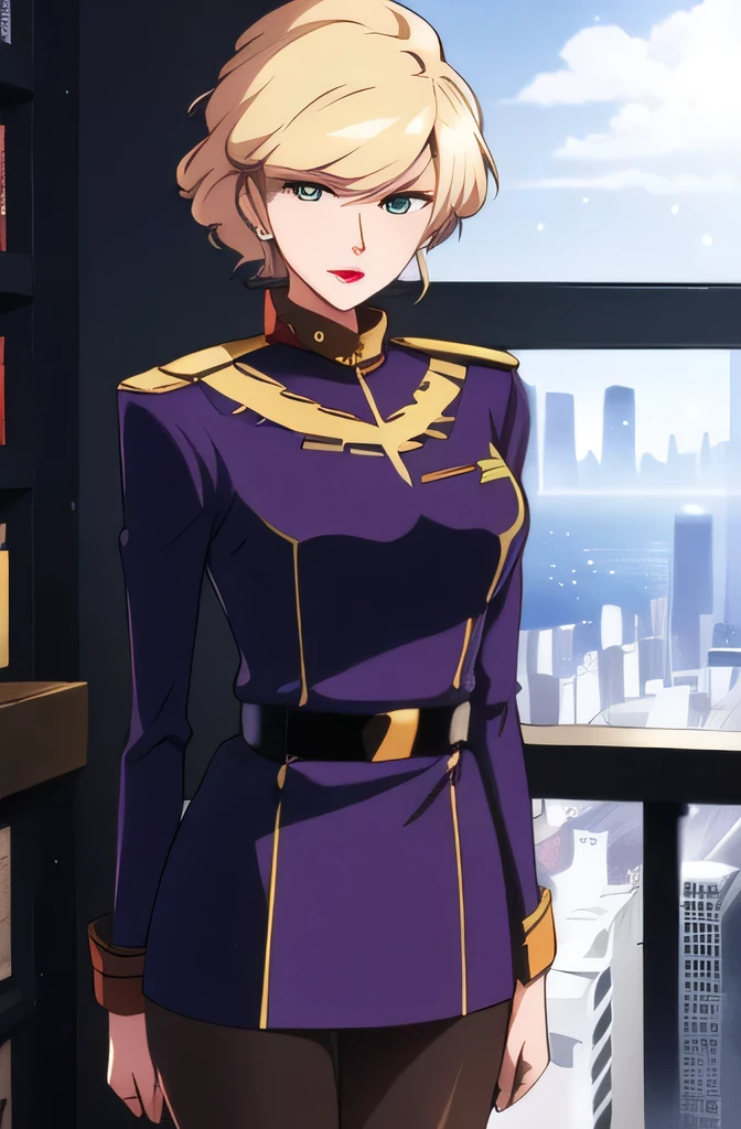 ( knight :1.7), Japan, Tokyo, Cityscape color, In front of the window,
military_uniform,pantyhose, a uniform with gold trims and a collar,shirt,belt,
Gold hair,green eyes ,lipstick, Front hair,hair_   good,
   1 girl, 20 years,  Young woman  ,beautiful Finger,beautiful long legs,beautiful体,beautiful Nose,beautiful character design, Perfect Eyes, perfect face,   expressive eyes,
  browse viewers,
Official Art,   very detailed  CG unity 8k wallpaper,perfect illumination,colorful, bright_Front_face_illumination,
(masterpiece:1.0),(Highest_quality:1.0), ultra  Kampala  ,4K,   very detailed ,
  Clear piquini pictures  , 8k,  Kampala  ,  Kampala  ,     22 people are ridiculous :1.2,    Kodak portrait 400,    film grain ,  Blurred Background , Bokeh:1.2,    lens flare   , (Vibrant_color:1.2)
, (beautiful_face:1.5),(narrow_Waist),