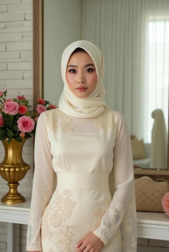 Malay girl in hijab, wear pastel white peplum dress, going to dinner, smiling, very long white hijab, wear necklace, front view, hijab blown, windy, detail skin, age spot, detail skin texture, mole below eyes, small breast, flat chest, wide hips, small waists, thick thighs, slim abs, beautiful body, nighttime, laughing, happy, bright lighting, people in background, college gym background, blur background, bokeh, location: dinner hall,