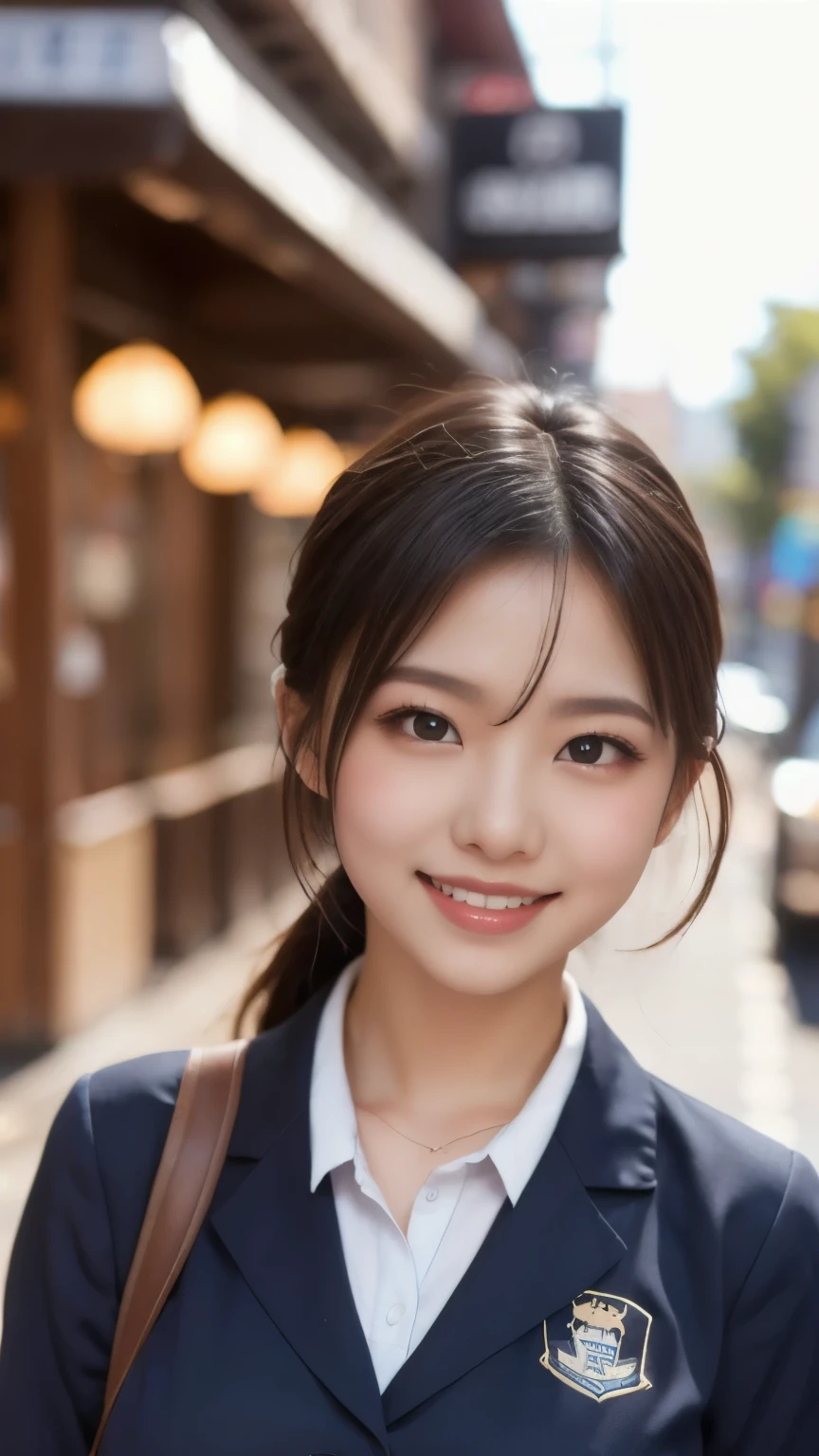 8k、Best Quality、Ultra Wide Angle Monofocal Lens  、(Representative Works:1.2)、( Genuine)、( Genuine:1.37)、One of the high school students、 Beautiful teeth alignment 、smile、Well-formed fingers、  ponytail、Around town、(  cute uniform)、Big Breasts、 Gravure photoshoot、Perfect fingers、Beautiful Skin、 professional lighting、Face and skin detail 、Microparticles、 RAW photo