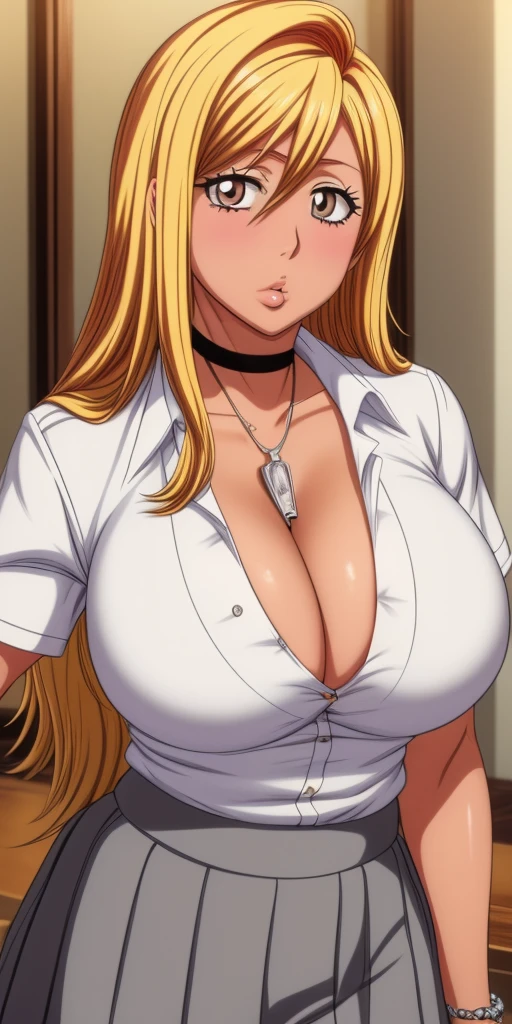 Orihime Inoue,Bleach artstyle,Big breast,Enchanted big breast,Tanned skin,Thick lips,Eyelash,heart shaped necklace,Circle piercing in lips,((((White shirt school uniform)))),Cleavage,(((short gray skirt)))Curvy figure,Plump,Hoopa bracelet,Long nail,Side burn visible,look at viewer,(((yellow blond color hair))),((head facing front)),High quality,Highres,Humongous big breast,Ear visible,Big cleavage,light blush,Stud earring,A lot of piercing,Omitted Side locks hair,Symetrical breast,((black Chocker)),Heart shape earring,Hyper Detail,TANNED SKIN,Brown Skin,((tanned Gyaru)),Crossing arm,Blunt bang,Messy wavy hair,Detailed lips,Colorless lips,puckered lips,unbuttoned collar shirt,mono color hair