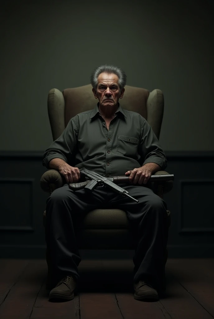 Mafia oldest tiny and sparse short black hair man weapon sit on chair ...
