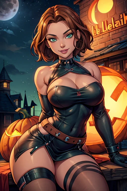 Jo-Beth, young girl, beautiful girl sitting on a giant helloween pumpkin, wearing short revealing leather dress, anime art style,, beautiful detail eyes, beautiful detail lips, beautiful detail nose, brown hair, green eyes, round breasts, slim waist, wide hips, thighs,, outdoors, night time, full moon, looking at the viewer, seductive smile