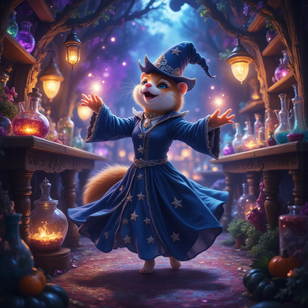 Imagine a scene where the boundaries between what is real and what belongs purely to the dream realm dissolve. Here, in a lavish alchemist's atelier laced with the spirit of Halloween, a ferret named Starlight finds itself amidst an extravaganza of jubilation and spellbinding beauty. The atelier, a labyrinth of knowledge and whimsy, is home to hundreds of sparkling potion bottles that stand eager to be mixed under Starlight's mischievous gaze. The bottles shine in vivid hues —from the deepest violets to shimmering golds—creating a spectrum of colors that glisten in the dim light of enchanted lamps. Starlight wears its costume proudly: a rich, midnight blue robe trimmed with silver moons matching its jaunty pointed hat. Like the joyful tale spun by a bard, the atmosphere is alive with fantastical elements, every nook and cranny pulsating with a kaleidoscope of music, magic, and moonlit mirth. The atelier is a sanctuary of dreams, an echo of merry whispers and laughter rising in harmony with the bubbling brews. Starlight, the heart of this spectacle, dances with joy at the center, its bright eyes reflecting a world woven