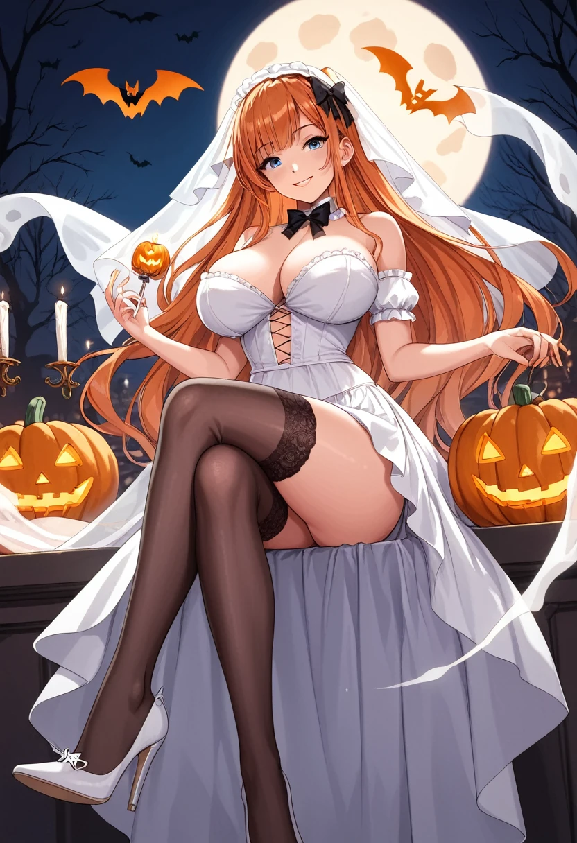 score_9, score_8, score_7, source_animated, 1mature_femenino, piel Blanca, Floating en el aire,  crossed legs , smile, Looking at the public,  ghost costume , halloween, white veil, Floating, black bow on the neck, white skirt, sheer black lace stockings, white heels, orange hair,  very long hair, Blue eyes,  big breasts , erotic anatomy, aula decoración de halloween, pumpkin, bats, candles, perfect body,  Perfect Anatomy , erotic anatomy,  perfect arms , Perfect fingers, perfect feet,  Perfect legs , perfect genitals, Perfect posture,  ambient light lighting .