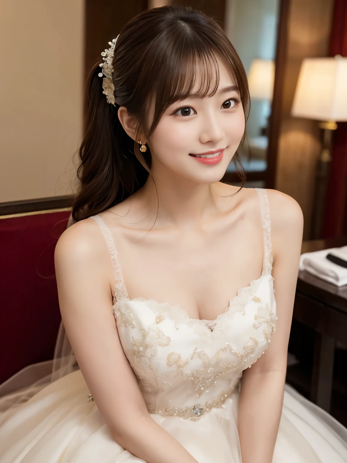 masterpiece、 1 Beautiful girl 、delicate eyes、Sweet smile、top quality, 超 high resolution, (authenticity: 1.4)、 Japanese、asian beauty、Super beautiful、 Beautiful Skin 、Full body front view、(surreal)、( high resolution)、(8k)、( Very detailed)、 A Delicate Face 、( Dress for wedding dress dress),brown hair、korean idol、25 years old , laughing out loud,hotel scene、elegant posture, Small chest,  Looking at people from a distance,Look at the camera,No makeup,Clear background,Wearing a wedding dress,ponytail