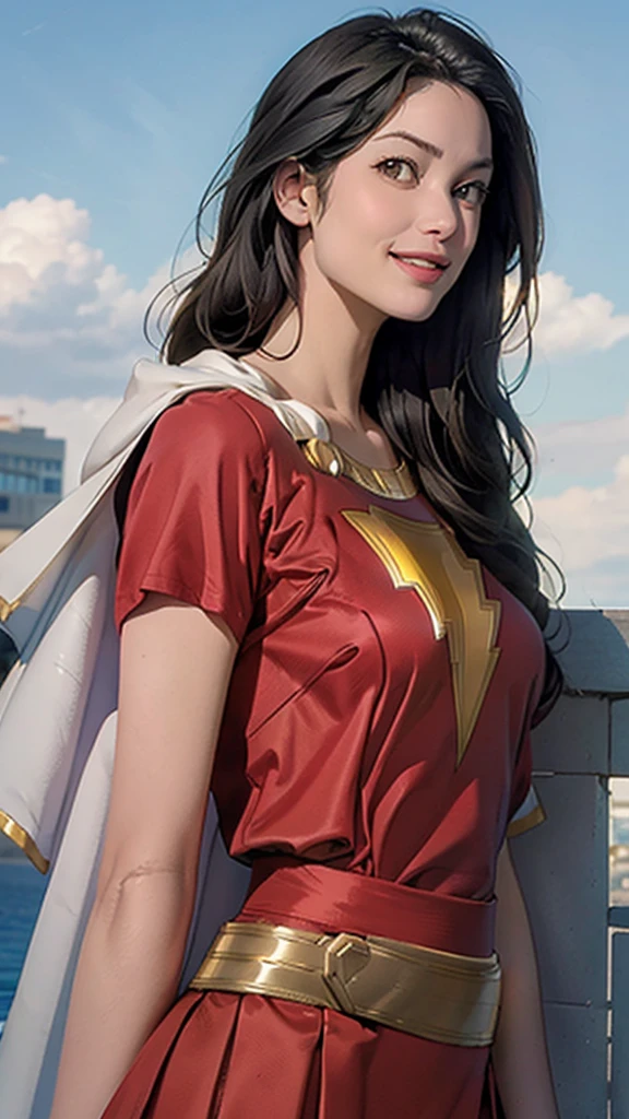 ((mary marvel)), white cape, red dress, (red skirt), short sleeves, bracer, breasts, smile, looking at viewer, blue sky, clouds, cityscape, upper body,