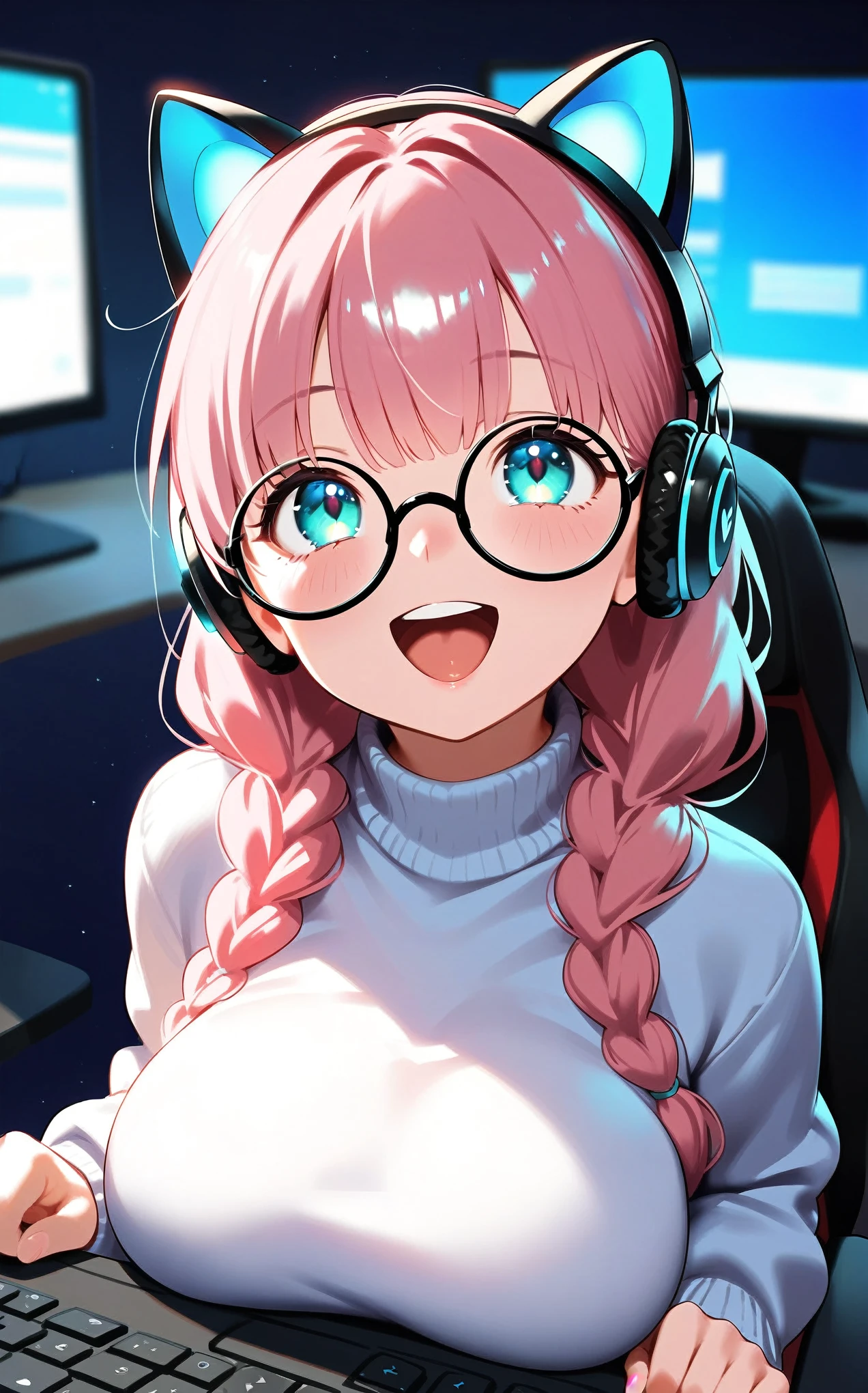 ((best quality:1.2), (ultra-detailed:1.2), (2.5D:1.2), (Anime Moe Art Style), 1girl , pink hair, Cyan eyes, gradient eyes, twin braids, blue Glowing cat ear headphones, black round glasses, large breasts,Operate computer, sweater,profile,openmouth, big smile,looking up, 夜,front view