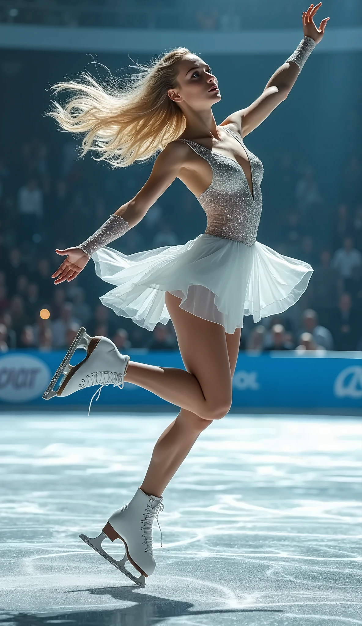 Film poster
Title: 'Diva des Glaces
Female: blonde short hair
Role: charismatic figure skater
Silhouette: sexy, glamorous style, hourglass body, slim, slender
Big breasts
Big buttocks
Costume: glittering, adorned with sequins and feathers, highlighting her figure
Action: in full acrobatic figure on the ice, with sparkling lights and a cheering audience around her.