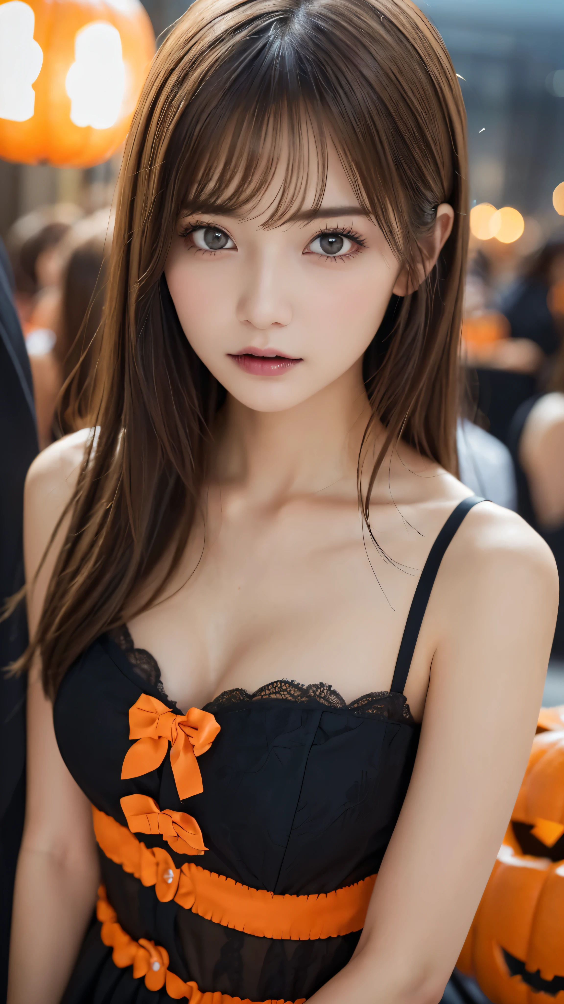 masutepiece, Best Quality, Illustration, Ultra-detailed, finely detail, hight resolution, 8K Wallpaper, Perfect dynamic composition, Beautiful detailed eyes,  Natural Lip, Wear Halloween costumes, Small breasts, cleavage, Full body,  Random sexy poses,Cute