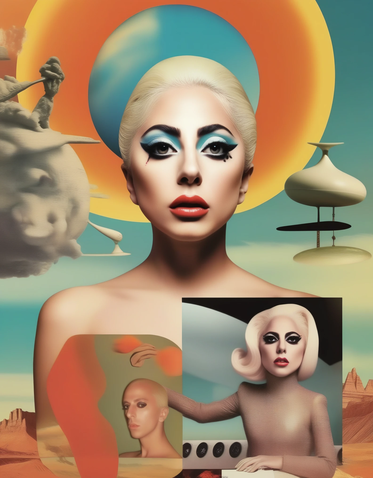 Ldy Gaga Victor Moscoso Style - surreal collage in the style of Tyler Spanglerno text