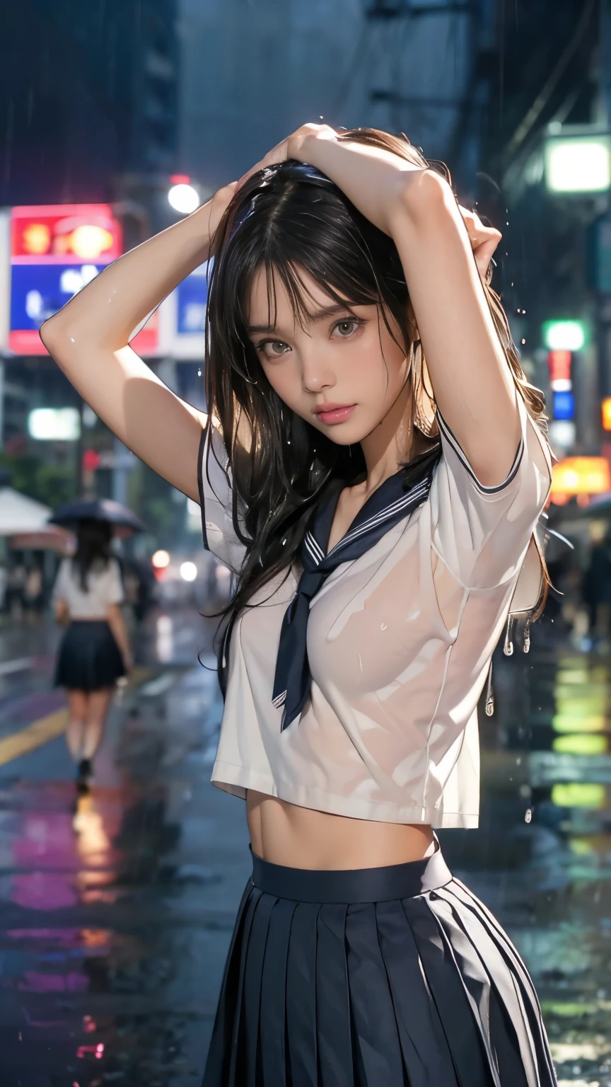 Front View;1.21, Jessica Biel :1.21, ((masterpiece, Best Quality, Best Wallpaper:1.21)), ((Get wet:1.5)), ( raise your arms , Please show me your armpits:1.3), ( Beautiful breasts, flat chest), spread his legs, Japanese Women, 才の Japanese Women, Anatomically correct proportions, (( small head :1.5)), Brown Hair, straight hair, let your bangs hang longer , Anorexic Slender body:1.37, ((Slender body, waistline:1.37)), Glowing Skin , (Soaked in the rain, Famous Tokyo Metropolitan High School Sailor Uniforms, Short sleeve clothing, Short-sleeved sailor uniform:1.21, sera fuku:1.21, The upper body is wearing a uniform:1.21, navy pleated skirt , Black Bra ), I can see my underwear , heavy rain, rain, On the city streets, Cyberpunk City , Movie Lighting ,