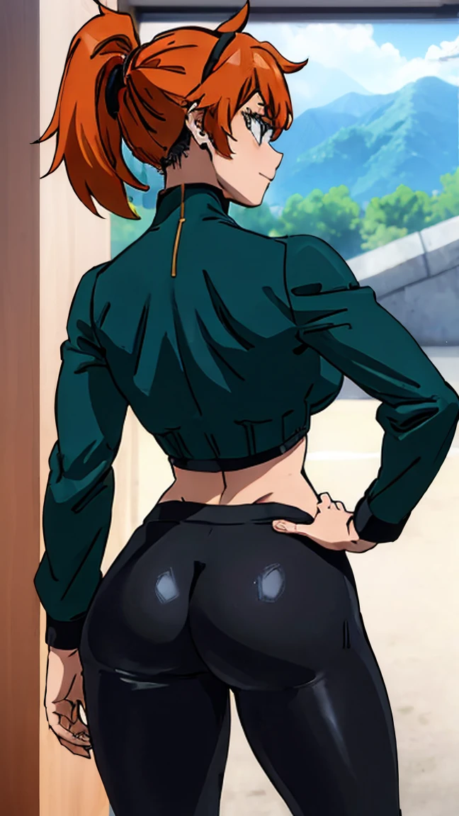 (Better quality:1.3), (4K quality), Good composition, bright green light, Headrest, Lips, ( long hair  atado bajo, (day:1.2), (smiling smile), gym, top black, Exercise, ((black micro top )),  huge thighs , Show ass on screen  [Kendou Itsuka], [ Boku no hero Academia], (( masterpiece )), (( high definition)), (( high quality)),  Beautiful anime girl showing her ass, anime badass 8k,  better noise removal , La Better quality, best render ,  orange hair , tied hair,  long hair ,  long hair  atado,  wide hips, cintura slim, muscle girl, hidden hands, Full arms, without errors,  long hair  atado, high ponytail on the left side of her head , hide breasts ,  ponytail on the left of her head part of her hair stands up in large tufts on the top of her head, no mask, Cover face , girl turning her back, Anime girl not looking at the camera, girl turning her back,  cover face ,  orange hair , orange hair,  covered breasts , wearing a black sporty top ,  wearing black sports pants, top black, hide breasts , pert butt, round ass,  hourglass figure, slim, blushing,  focus on the butt , (From behind: 1,9), parada de espaldas, presenting backside, walking away from the camera, taking a step away from the camera 