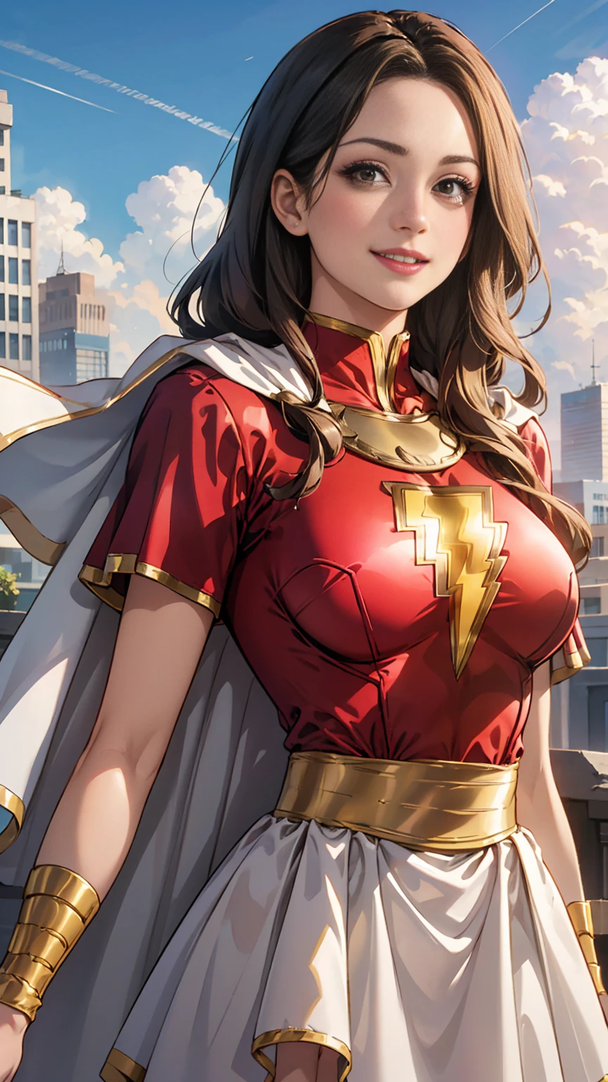 ((mary marvel)), white cape, red dress, (red mini skirt), short sleeves, bracer, breasts, smile, looking at viewer, blue sky, clouds, cityscape, upper body, sex pose, best quality 