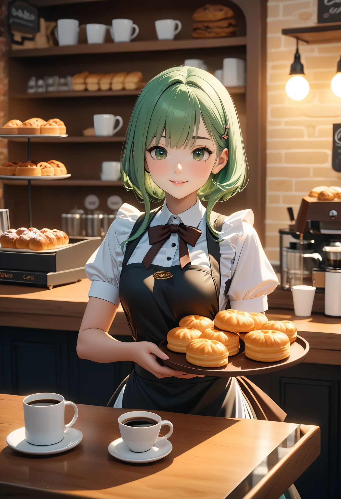 (((Best quality, 8k, Masterpiece: 1.3)), ((best quality)), ((masterpiece)), (detailed), perfect face, A young girl with short green hair wearing a small ribbon is working as a waitress in a cozy café. She is dressed in a classic waitress outfit with an apron and is carrying a tray with coffee and a pastry. The café has warm lighting, wooden tables, and a charming, vintage ambiance. The background includes coffee cups, pastries, and a welcoming counter area.