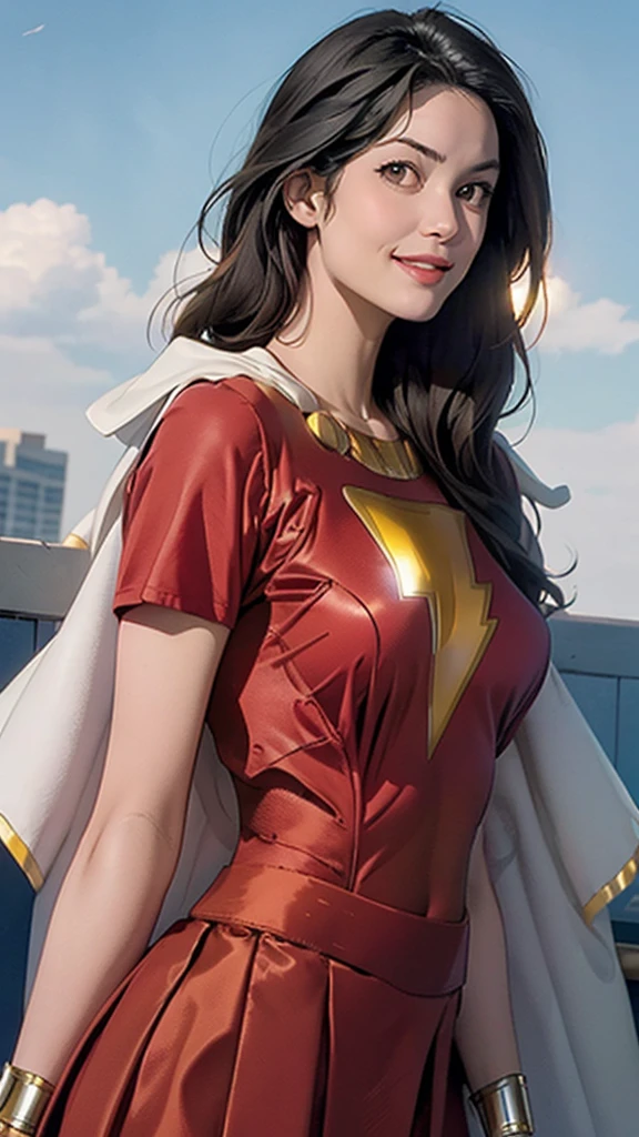 ((mary marvel)), white cape, red dress, (red skirt), short sleeves, bracer, breasts, smile, looking at viewer, blue sky, clouds, cityscape, upper body, fullbody:1.0