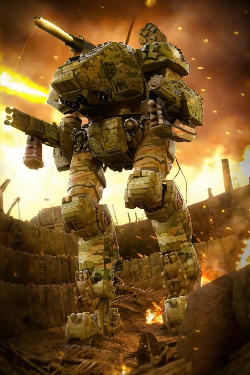 Mecha 28, Armor Plate,  mounted machine gun ,  radar antenna , Missile Pod, mortar barrel ,  missile launcher , Main gun,  cockpit window,  turbine engine ,  camouflage ,  run over trench lines,  barb wire ,   cinematic lighting, 
 (masterpiece,  photorealistic :1.2),  high quality,  Intricate Details,   Highly Detailed Backgrounds , 8k