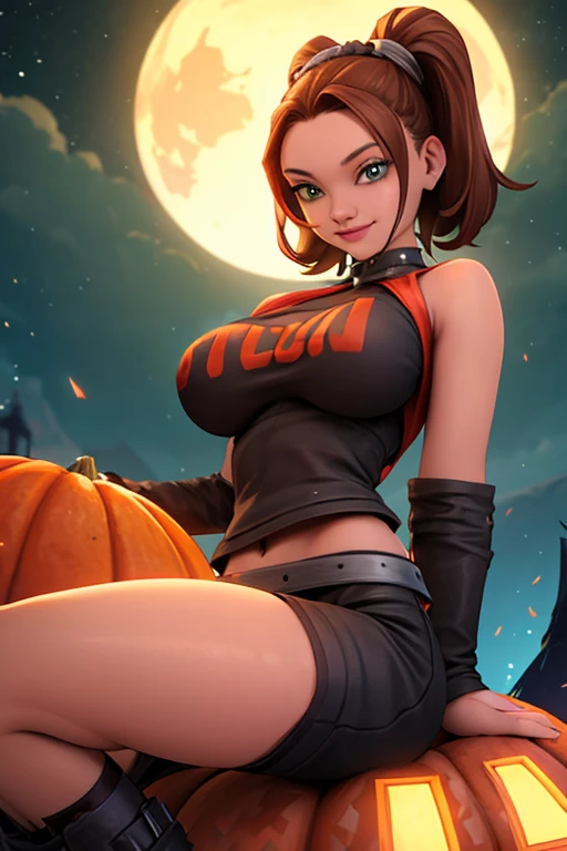 Jo-Beth, young girl, beautiful girl sitting on a giant helloween pumpkin, wearing short revealing leather dress, ,, beautiful detail eyes, beautiful detail lips, beautiful detail nose, brown hair, green eyes, round breasts, slim waist, wide hips, thighs,, outdoors, night time, full moon, looking at the viewer, seductive smile