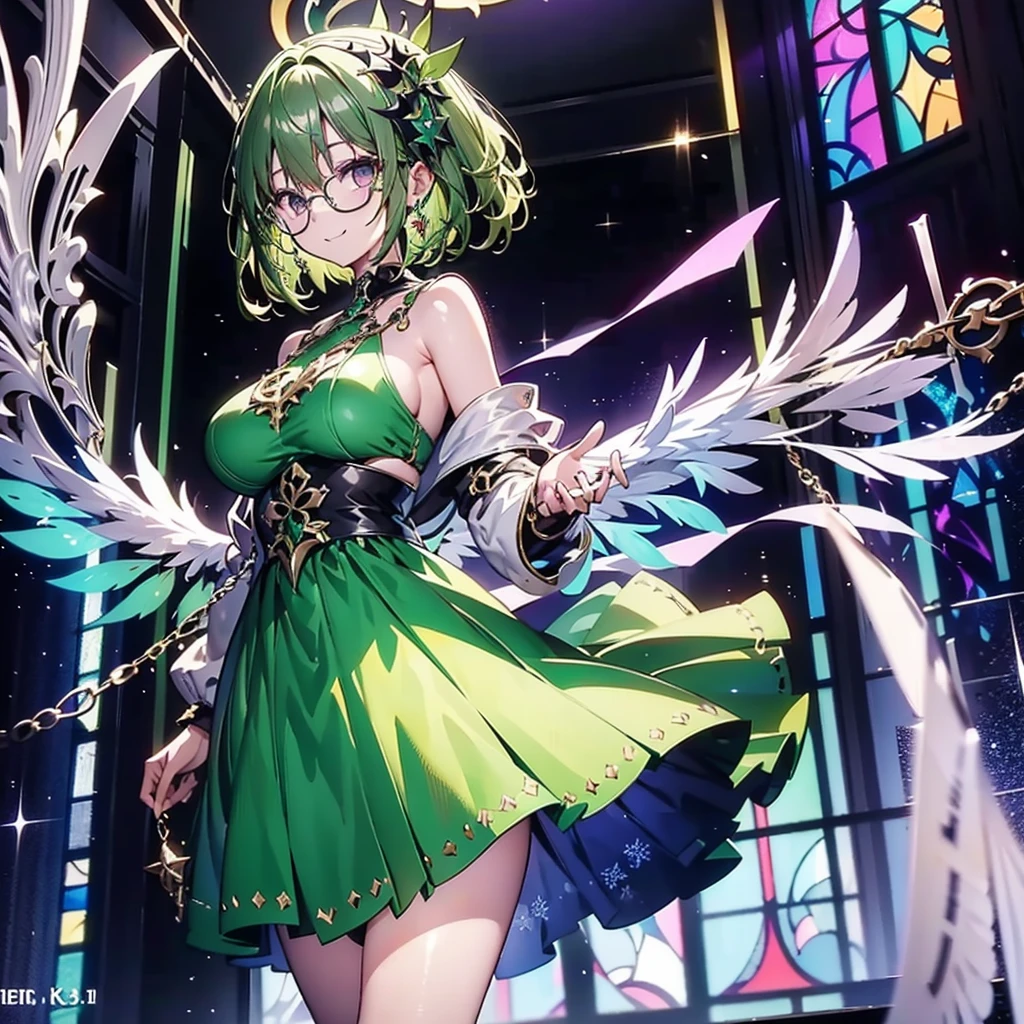  stand in front of green stained glass、Blonde 1.4、Strung silver chains 1 .3、black rimmed glasses 1.3、 smile with closed mouth、long green battle dress、medium height 