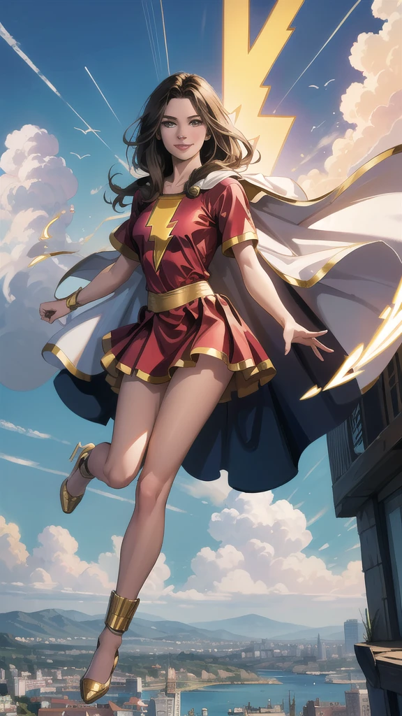 ((mary marvel)), white cape, red dress, (red skirt), short sleeves, armband, breasts, smile, looking at viewer, blue sky, clouds, cityscape, full body:1.0, (( best quality, ultra-detailed, Absurdress))