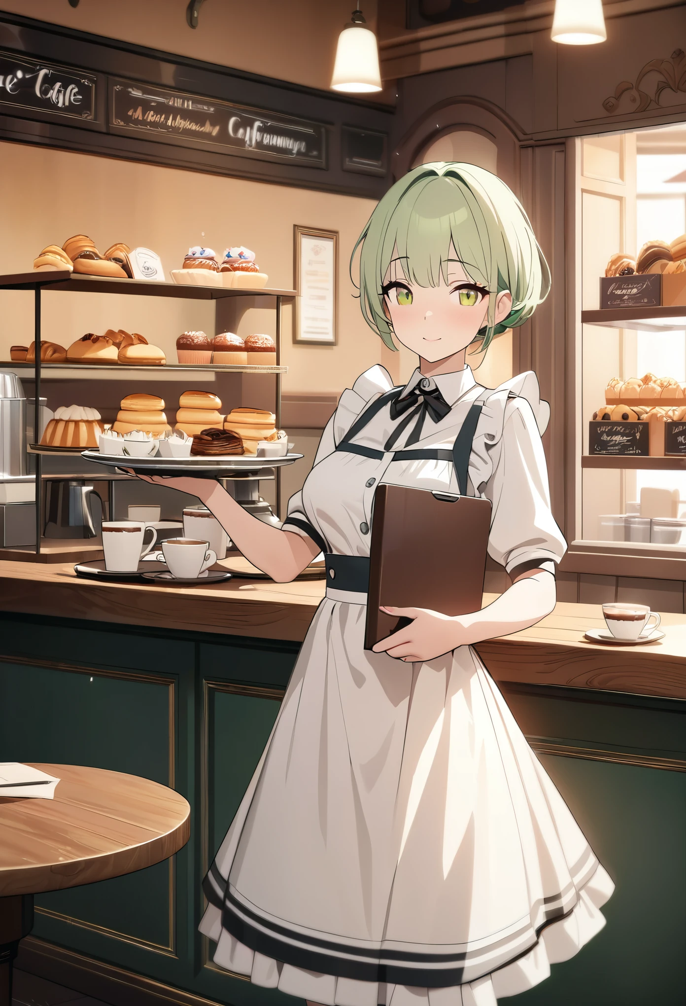 (((Best quality, 8k, Masterpiece: 1.3)), ((best quality)), ((masterpiece)), (detailed), perfect face, A young girl with short green hair wearing a small ribbon is working as a waitress in a cozy café. She is dressed in a classic waitress outfit with an apron and is carrying a tray with coffee and a pastry. The café has warm lighting, wooden tables, and a charming, vintage ambiance. The background includes coffee cups, pastries, and a welcoming counter area.