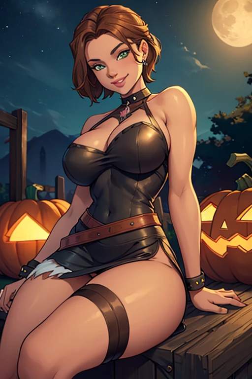 Jo-Beth, young girl, beautiful girl sitting on a giant helloween pumpkin, wearing short revealing leather dress, ,, beautiful detail eyes, beautiful detail lips, beautiful detail nose, brown hair, green eyes, round breasts, slim waist, wide hips, thighs,, outdoors, night time, full moon, looking at the viewer, seductive smile