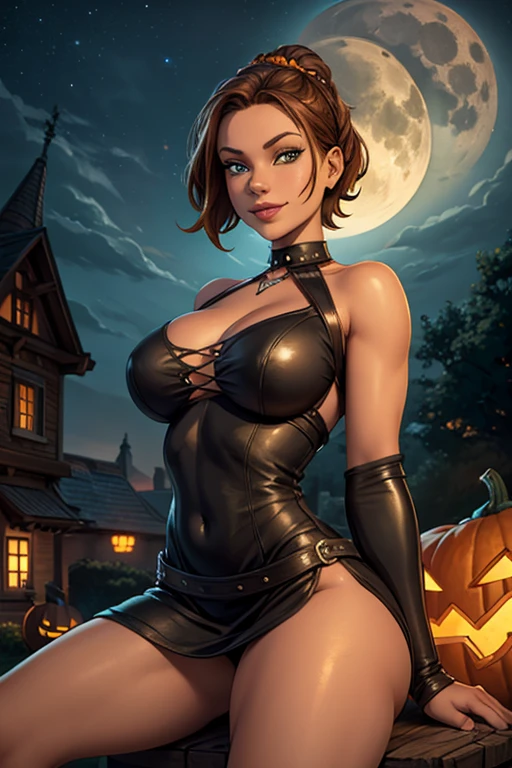 Jo-Beth, young girl, beautiful girl sitting on a giant helloween pumpkin, wearing short revealing leather dress, ,, beautiful detail eyes, beautiful detail lips, beautiful detail nose, brown hair, green eyes, round breasts, slim waist, wide hips, thighs,, outdoors, night time, full moon, looking at the viewer, seductive smile