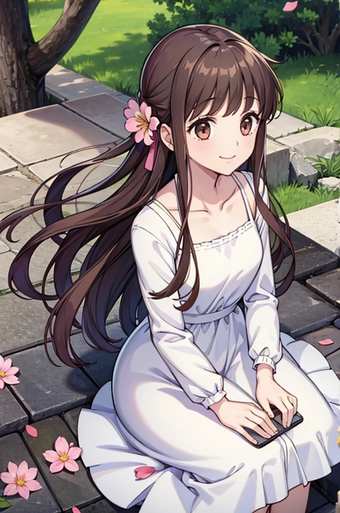 1girl, solo, hondatohru, white dress, dress, park, collarbone, long sleeves, clear sky, flower, flowers, petals, smile,