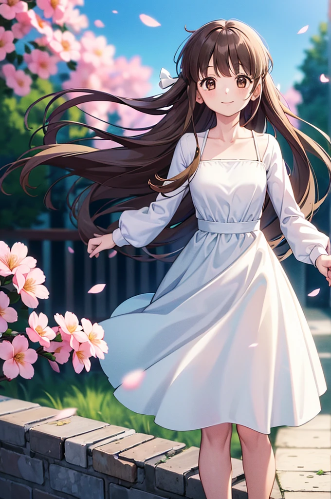 1girl, solo, hondatohru, white dress, dress, park, collarbone, long sleeves, clear sky, flower, flowers, petals, smile,