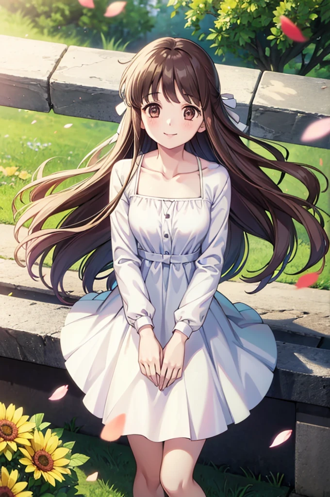 1girl, solo, hondatohru, white dress, dress, park, collarbone, long sleeves, clear sky, flower, flowers, petals, smile,