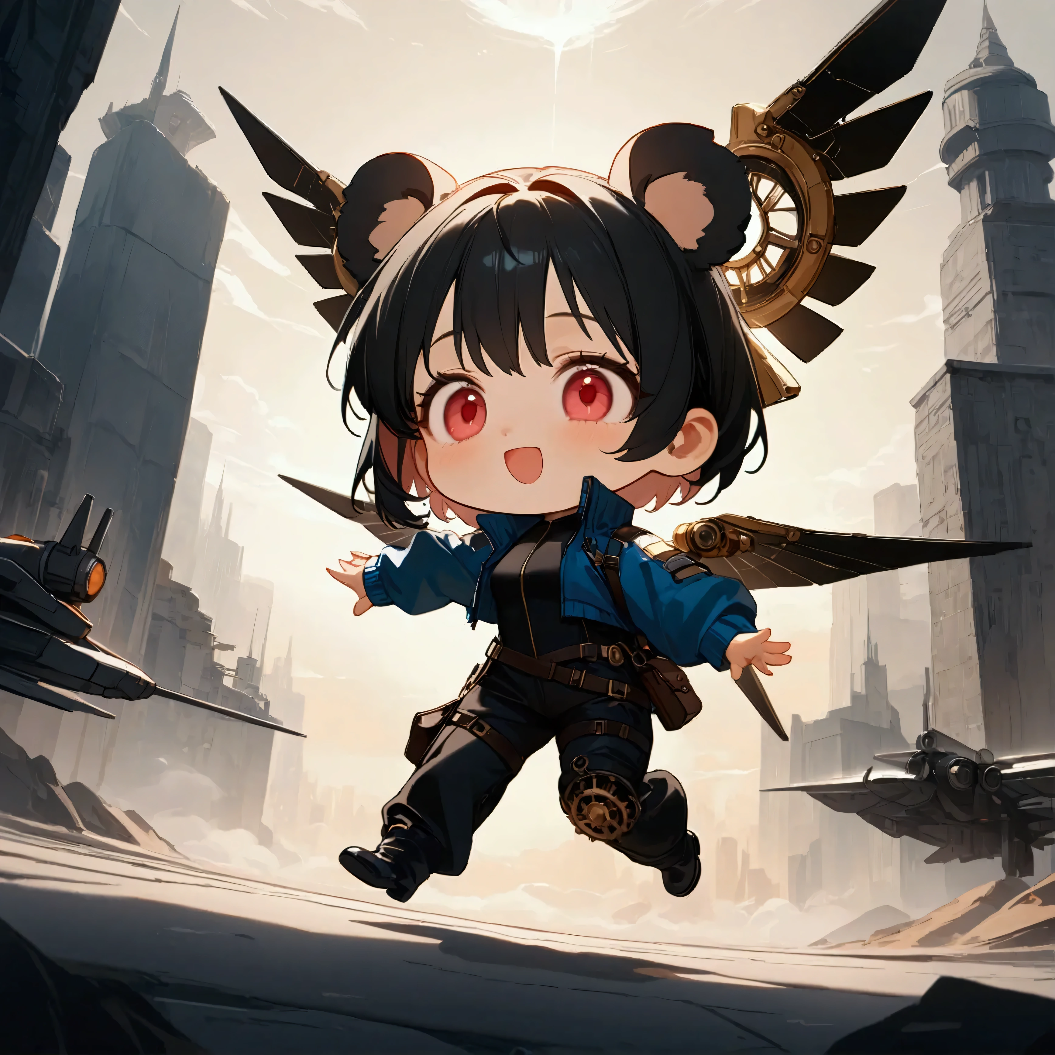 1girl\(big smile,cute,(chibi:1.4),big eyes,ruby eyes,(small Koala ears),hair\(short hair,black hair, inner colored blue\),(big wings\(clasical (steam-punk:1.2) mechanical wings\):1.2), (worn-out flight jacket:1.2), jumpsuit, leather short boots, holster at legs, dynamic pose,flying sky high\). dynamic angle,long shot. BREAK .background\(high altitude sky, futuristic aircrafts, futuristic towers,\). BREAK .quality\(8k,wallpaper of extremely detailed CG unit, high resolution, top-quality, top-quality real texture skin, hyper realistic, increase the resolution, RAW photos, best quality, highly detailed, the wallpaper, golden ratio, high saturation realism, vibrant colors, dramatic lighting, persuasive storytelling, atmospheric scenery, captivating visuals, intricate details, strong emotions, dreamlike world\)